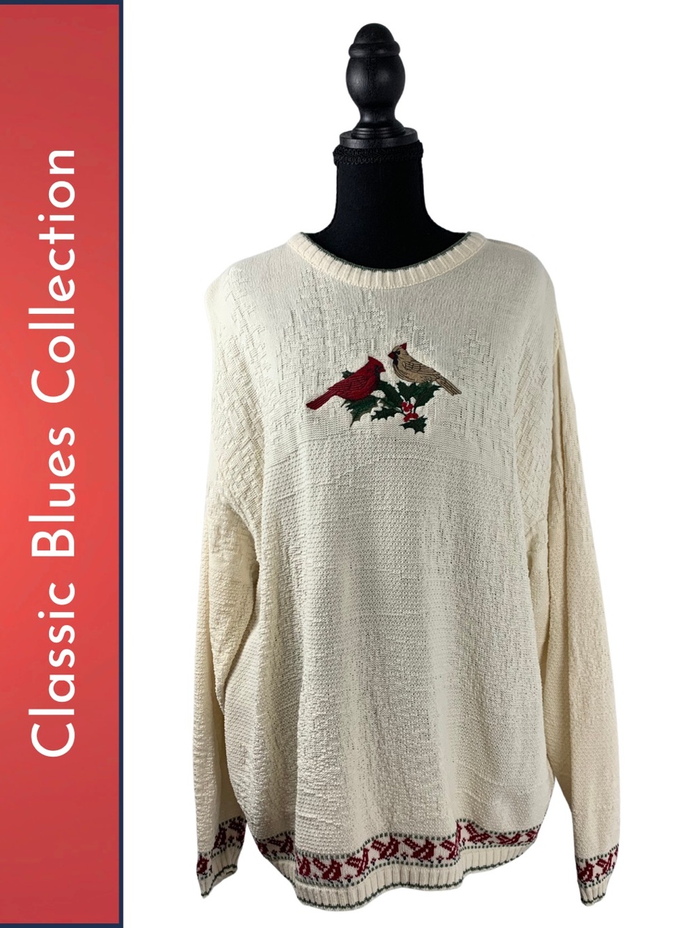 Cream Crewneck Vintage Fair Isle Sweater w/Cardinal Embroidery Women XL Holiday